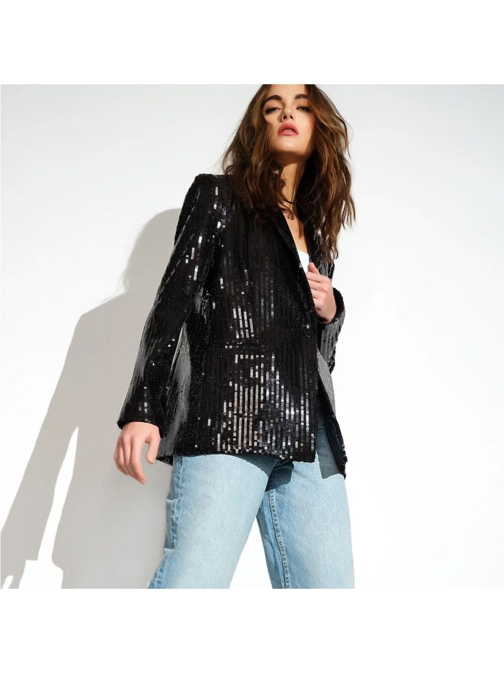 NWT Susana Monaco Black Sequin Blazer Front Snap Size Small - Picture 2 of 13